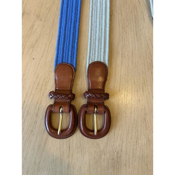 2- Talbots Womens Belt XL Braided Woven Cotton Genuine Leather Buckle Blue Beige - Picture 4 of 9